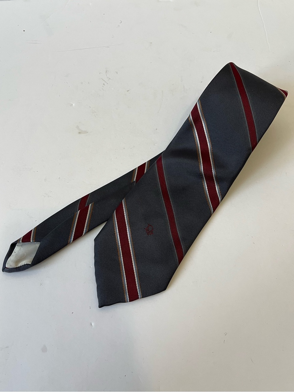 Christian Dior Men's Tie Gray Burgundy Stripe Silk Blend Vintage